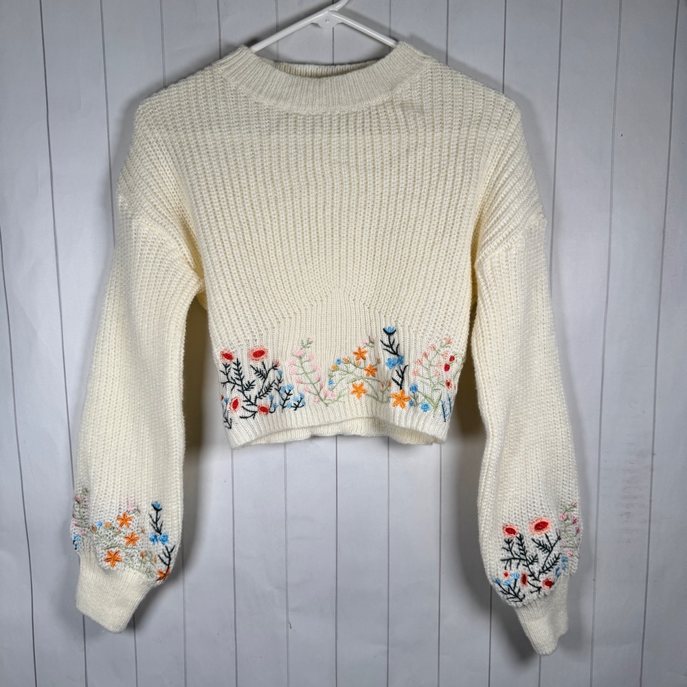 Cropped Floral‎ Embroidered Cream Knit Sweater Lantern Sleeve Boho Cottagecore M
